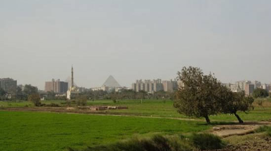 Египетская пирамиды на фоне домов и мечети. с сайта Baldeem Ru