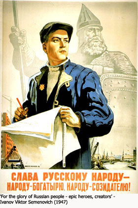 лучшие черты русского национального характера: терпимость, отзывчивость, умение уживаться с соседями Плакат 1947 года
