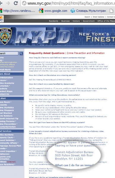 Transit Adjudication Bureau 01 30 2011 address from webpage nyc.gov