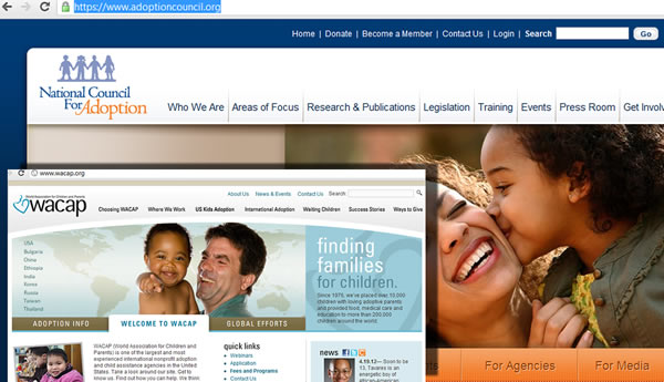 Websites wacap.org and adoptioncouncil.org screenshots