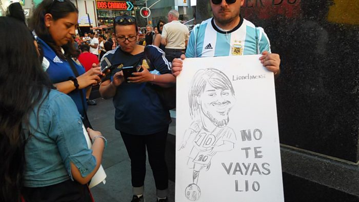 Meeting against Messi transfer on Times Square Manhattan NY