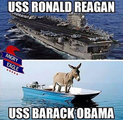Фото коллаж Юмор США. Авианосец Барак Обама против Авманосца Рейген. Сатира 