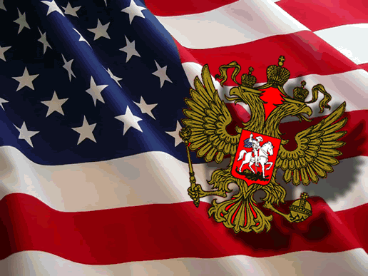 usa flag against russian two heads bird