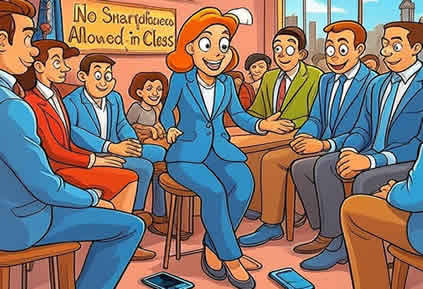 Новости Нью-Йорка. Губернатор штата Нью-Йорк Хокул запрещает сотовые телефоны - смартфоны, айфоны в школах - карикатура шарж юмор американские политики