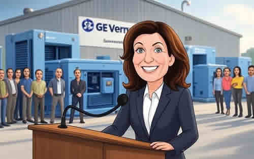 Новости штата Нью-Йорк рассказывает Кэти Хокул возле завода