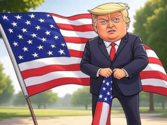 Новости США - Дональд Трамп с американским флагом - карикатура шарж американский юмор в новостях