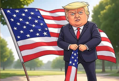 Новости США - Дональд Трамп с американским флагом - карикатура шарж американский юмор в новостях