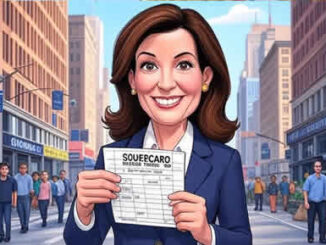 Нью-Йорк. Губернатор Кэти Хокул на картинке рассказывает о достижениях в управлении штатом Нью-Йорк на фоне города