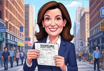 Нью-Йорк. Губернатор Кэти Хокул на картинке рассказывает о достижениях в управлении штатом Нью-Йорк на фоне города