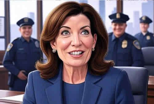 Новости Нью-Йорка. Губернатор Хочул о безапасноти и полиции Нью-Йорка - лицо Хочул шарж