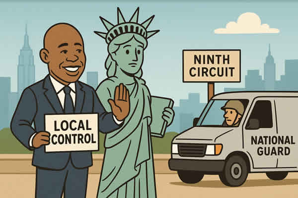 Новости Нью-Йорка. Мэр Адамс , статуя Свободы и национальная гвардия и армия США