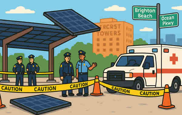 A loose solar panel fell from its mount and struck a 76-year-old woman Sunday in Brighton Beach, police say