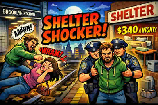 Curtis Signal ( Куртис Сигнал ) нападает на женщин в метро Нью-Йорка. Карикатура