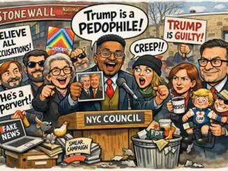 Нью-Йорк. Обиженные снятием радужного флага с федерального пямятника депутаты городского совета называют Трампа фашистом и педофилом. Карикатура