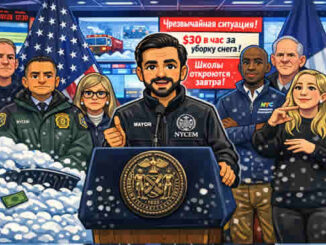 США - новости Нью-Йорка - Зохран Мамдани 23 февраля 2026 года с командой NYC - рисунок в цвете