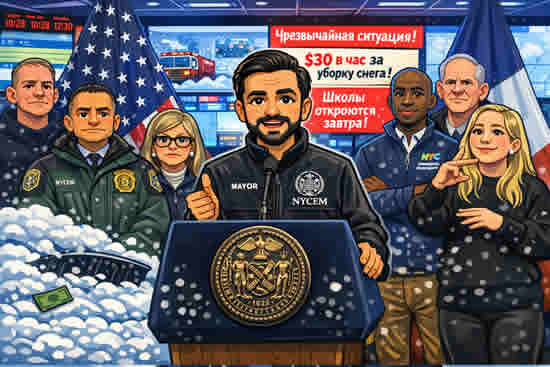 США - новости Нью-Йорка - Зохран Мамдани 23 февраля 2026 года с командой NYC - рисунок в цвете