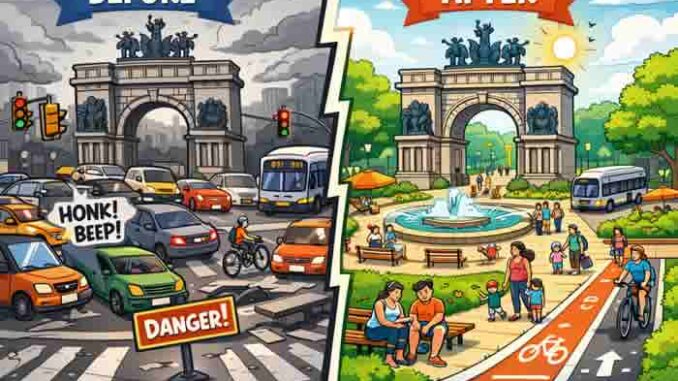 Grand Army Plaza в Бруклине: картинки показывающие до и после реконструкции, демонстрирующие изменения в транспортном потоке и пешеходном движении.