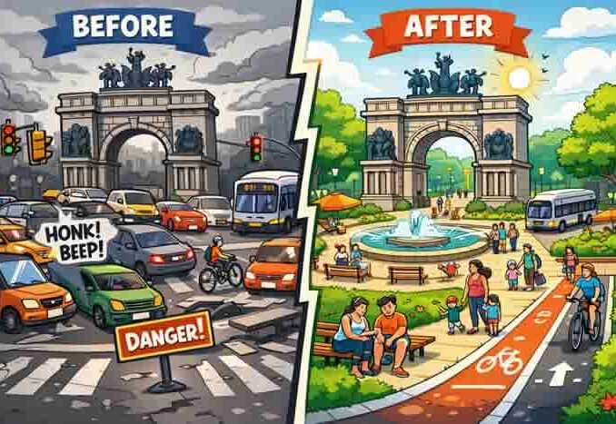 Grand Army Plaza в Бруклине: картинки показывающие до и после реконструкции, демонстрирующие изменения в транспортном потоке и пешеходном движении.