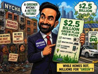 Карикатура: мэр Нью-Йорка продвигает план NYCHA на $2,5 млрд, пока жители протестуют против плохих условий проживания