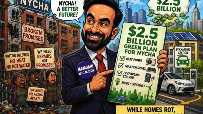 Карикатура: мэр Нью-Йорка продвигает план NYCHA на $2,5 млрд, пока жители протестуют против плохих условий проживания