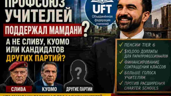 Почему профсоюз учителей Нью-Йорка поддержал Мамдани — и почему не Сливу, Куомо или другую партию ? - person in news image