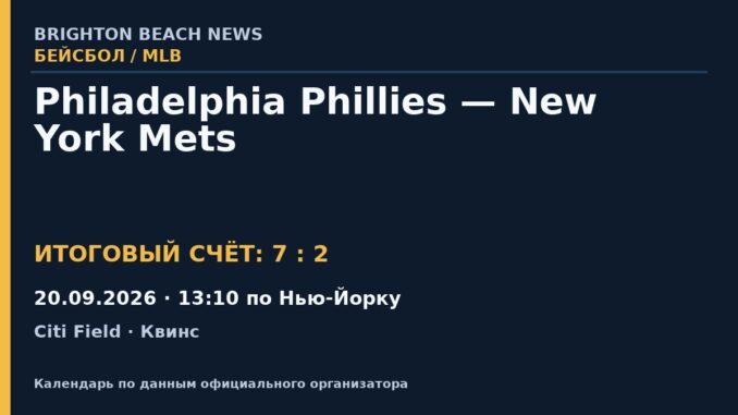 Результат — Бейсбол: Philadelphia Phillies — New York Mets — 20.09.2026 · 13:10 по Нью-Йорку, Citi Field